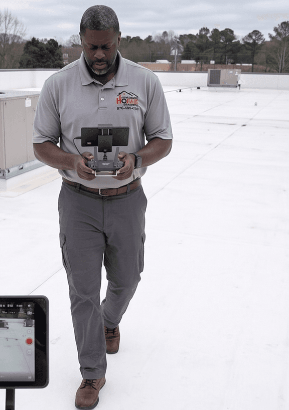 High-resolution aerial drone operator remote controller with telemetry screen in Between