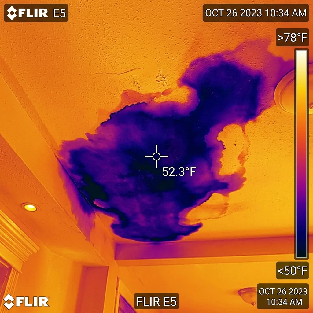 FLIR Thermal infrared scan revealing massive cold blue water moisture leak hidden in the drywall ceiling structure