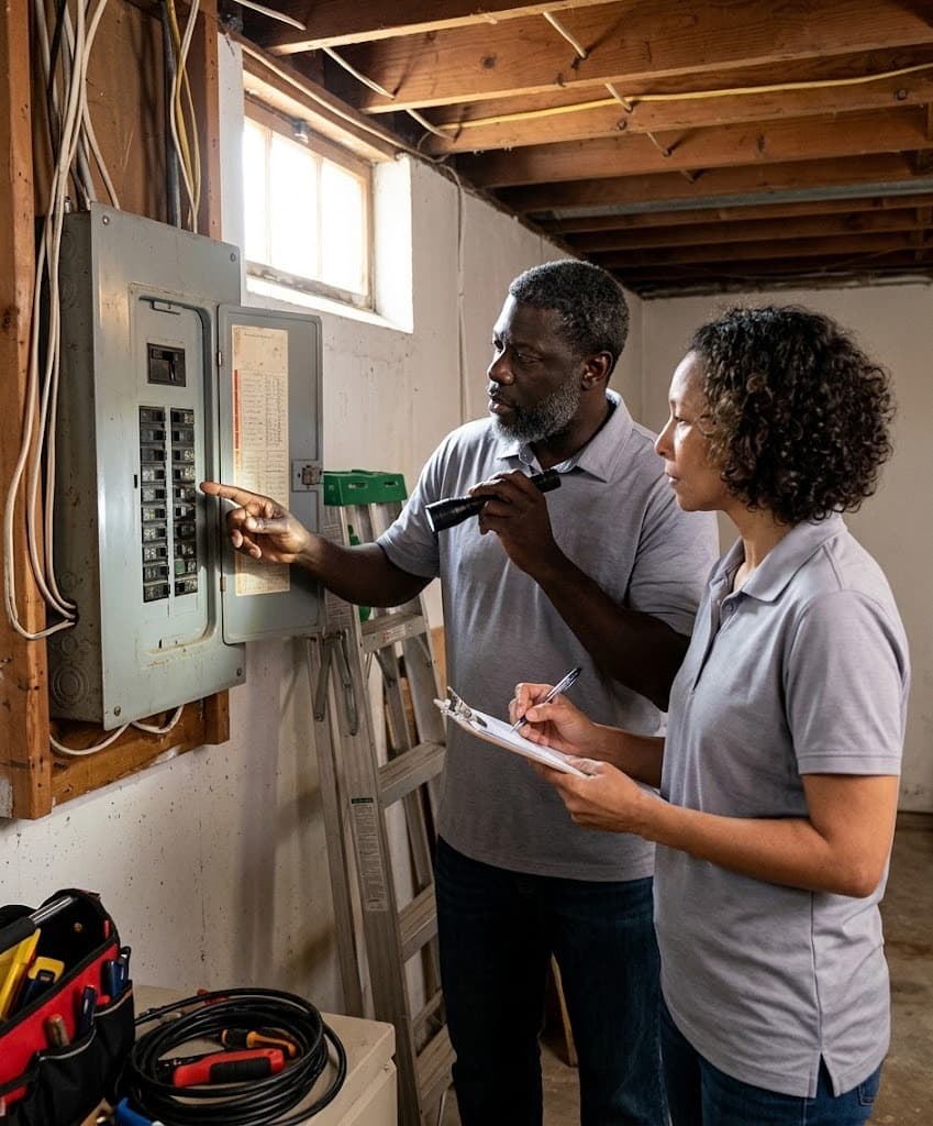 Two Certified Home Inspectors from Foresight evaluating an electrical service panel with a flashlight and documentation clipboard during an Atlanta home inspection